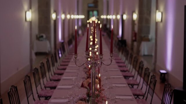 Wedding Banquet Table Set With Silver Candelabras Red Candles Flowers And Chairs In A Grand Hall