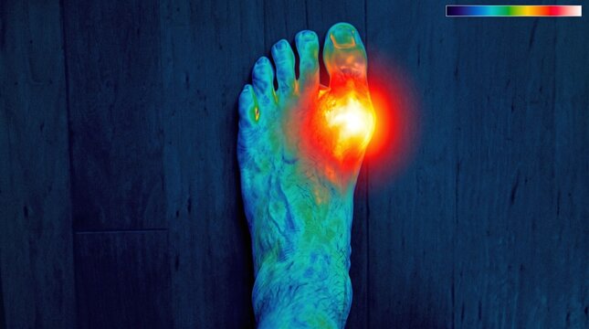 Medical Thermal Imaging Concept of Painful Gout Flare in Big Toe Joint