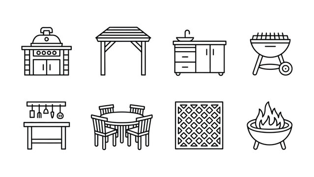 Outdoor kitchen and barbecue vector icons set