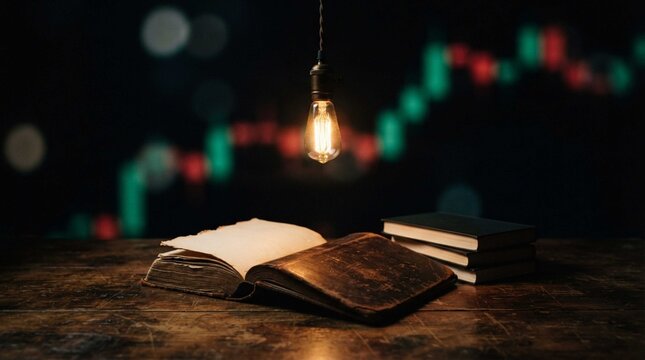 Glowing vintage light bulb shines over open antique book before stock market chart, symbolizing financial wisdom and trading innovation