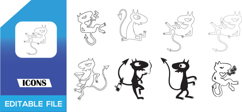 A versatile collection of vector icon sets featuring cute alien-and-cat illustrations, cartoon imps, punk safety pins, post-apocalyptic weapons, and Ukrainian Tryzub coats of arms.