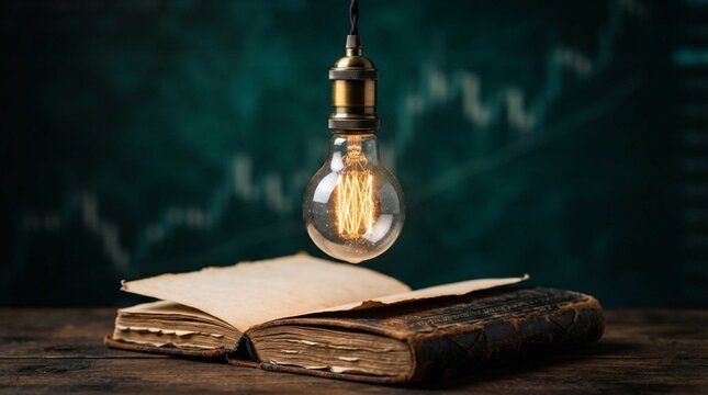 Glowing vintage light bulb shines over open antique book before stock market chart, symbolizing financial wisdom and trading innovation