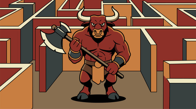 A formidable minotaur with an axe stands in a stylized maze, flat design illustration, concept for challenge or quest