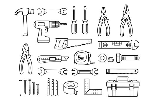 Construction and Repair Tools Icon Set &ndash; Hammer, Wrench, Drill, Pliers and DIY Workshop Equipment Vector Collection