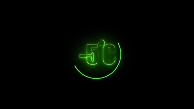 Temperature indicator displays minus five degrees Celsius in a glowing green neon circular frame against a dark background, representing extreme cold weather conditions or a deep freeze freezer.