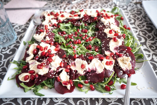 A vegetarian dish imitating a meat dish: beetroot carpaccio.
