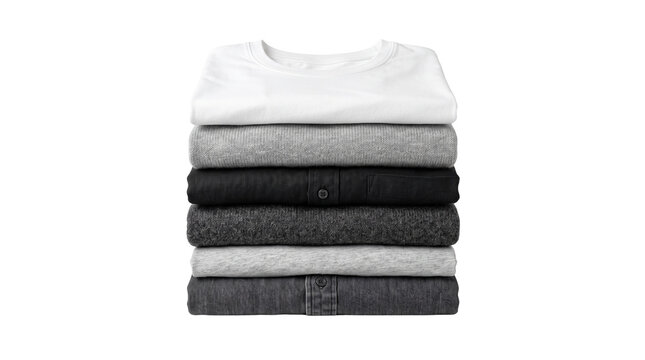 Folded cotton t-shirts in monochrome colors. Stack of basic apparel in white, grey, and black. Minimalist clothing pile for retail display. isolated PNG with Transparent Background