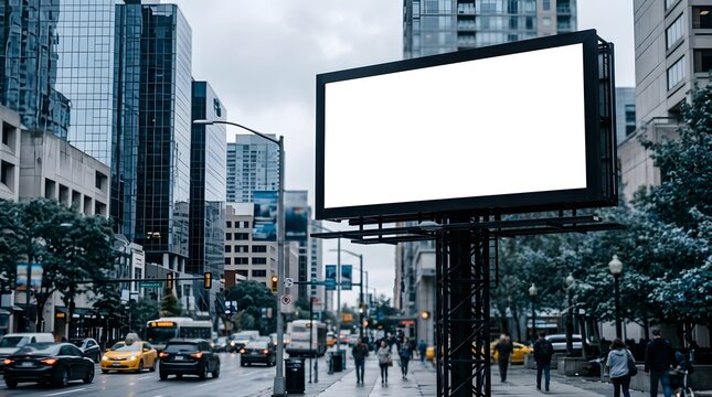 Empty white billboard on a busy city street with a dynamic blur of walking people and tall modern buildings in the distance