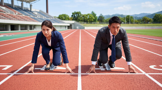 Two business people crouch at the starting line of a track, ready to race, symbolizing competition and corporate challenge