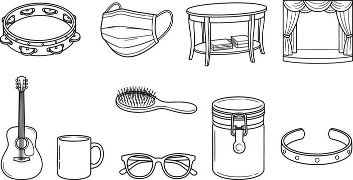 Miscellaneous household objects and lifestyle vector icons set with random everyday personal items line symbols on white background