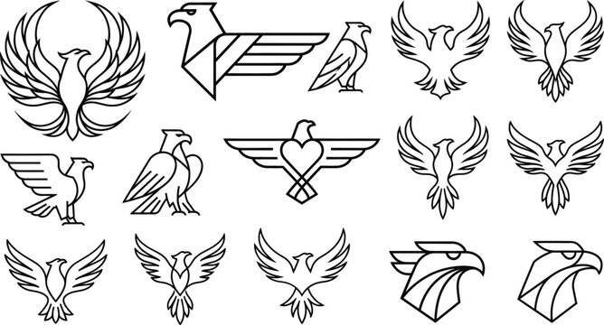 Eagle and phoenix logo badges vector icons set with flying hawk bird mascot line symbols on white background