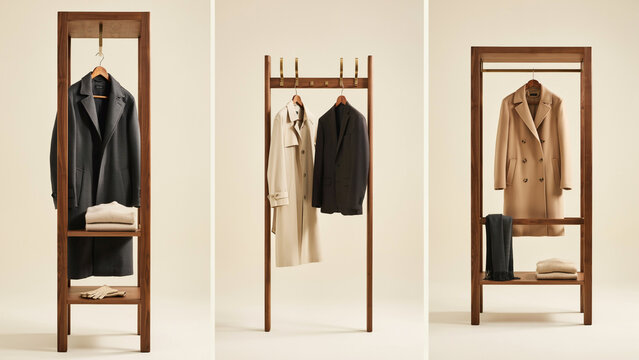 Wooden clothing racks displaying coats, jackets and sweaters in a minimalist interior setting