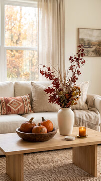 A warm autumn scene featuring pumpkins, a vase with fall foliage, and a lit candle, evoking cozy, harvest, and home ambiance