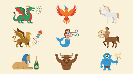 Fototapeta premium Mythical creatures and fantasy beings in a flat design icon set, celebrating with party elements