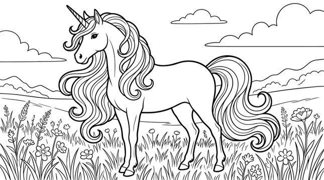 Majestic unicorn standing in a grassy field with flowers, rolling hills, and clouds in a simple line art style.
