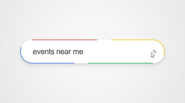 Close-up view of typing "events near me" into an online search bar with a cursor clicking the search icon, illustrating internet search and nearby community event discovery