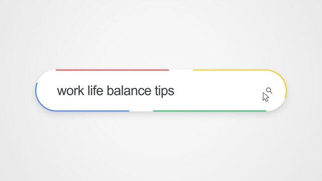 Close-up view of typing "work life balance tips" into an online search bar with a cursor clicking the search icon, illustrating internet search and productivity lifestyle research