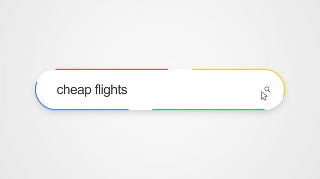 Close-up view of typing "cheap flights" into an online search bar with a cursor clicking the search icon, illustrating internet search and affordable airfare research