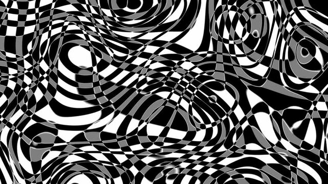 Seamless loop of abstract black and white swirling optic lines and warped geometric patterns
