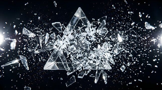 Shattered triangular glass prism exploding on a dark background