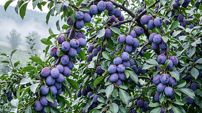 Ripe purple plums hanging in clusters on green branches of a plum tree fruit