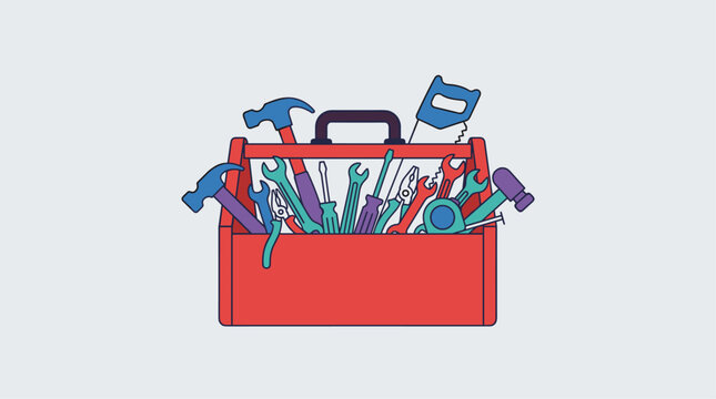 Red toolbox overflowing with colorful tools like hammers, wrenches, screwdrivers, and pliers, flat design graphic element
