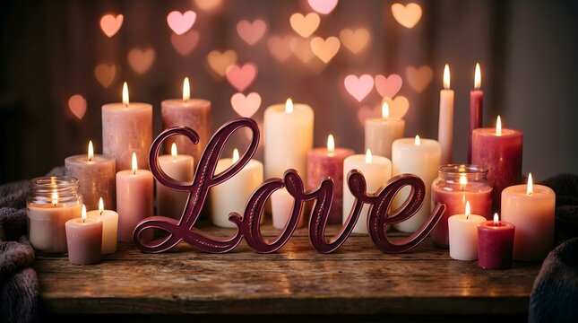 A beautifully romantic candlelight scene with the word love as a focal point against a soft blurred heart shaped bokeh background
