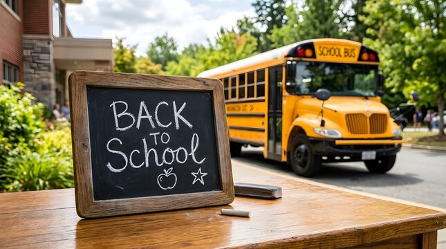 A bright yellow school bus is seen in the background of a chalkboard sign welcoming students back to school outdoors