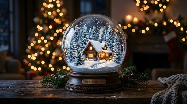 A delightful winter landscape is captured within a clear glass snow globe featuring a quaint cabin and glowing nearby christmas trees