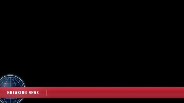 Full width breaking news lower third strip with globe icon on black background broadcast template