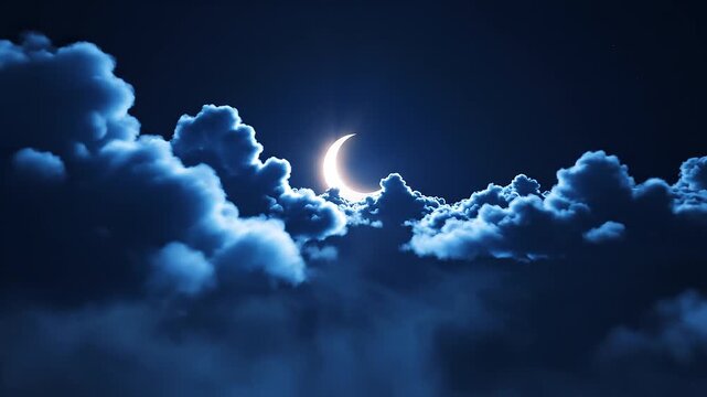 Crescent moon shining through night clouds for Ramadan and sleep music background