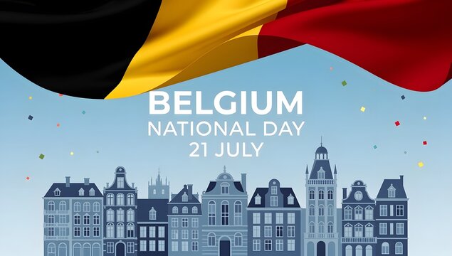 Professional photo of a Belgian National Day celebration with flags and cityscape