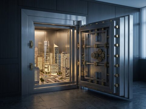 Open bank vault door revealing miniature modern skyline