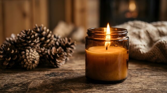 A warmly glowing amber colored candle surrounded by natural pinecones evokes a cozy winter atmosphere ideal for peaceful relaxation and festive seasonal