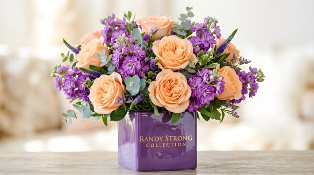 A beautifully styled elegant floral arrangement with soft peach roses and striking vibrant lavender stock flowers displayed in a contemporary purple vase