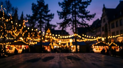 Fototapeta premium A beautiful enchanting outdoor holiday market glows at dusk with twinkling lights and festive seasonal decorations creating a truly magical winter atmosphere