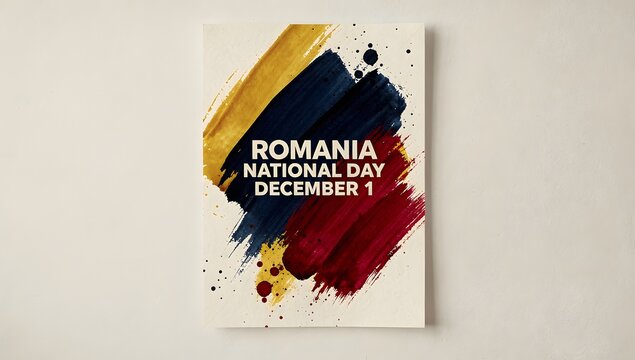 Romanian National Day celebration poster with bold colors and text