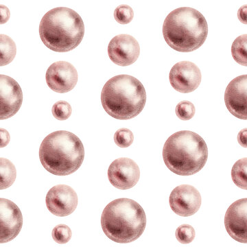 Seamless pattern watercolor glossy pearls. Hand drawn jewelry illustration. Hand painted pearl jewellery jeweler transparent background. Fabric, sketchbook, wallpaper, wrapping paper, coastal decor