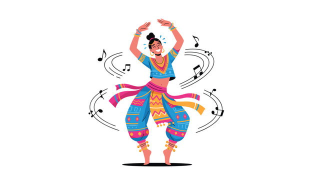 Beautiful Indian woman in traditional colorful clothing dancing joyfully surrounded by flowing musical notes.