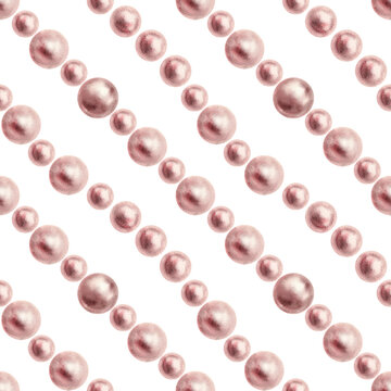 Seamless pattern watercolor shiny pink pearls jewelry. Glamour, marine, tropical theme. Painted perl elements transparent background. Hand drawn illustration. Summer. Fabric, wrapping paper, wallpaper