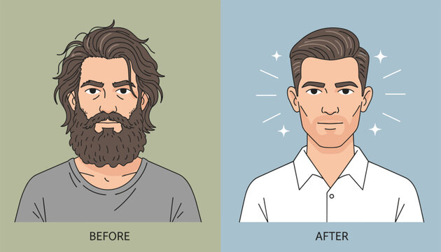Before and after comparison of a messy long-haired bearded man transforming into a clean-shaven handsome gentleman.