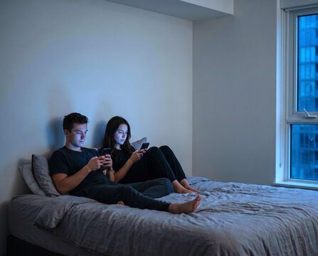 Couple using separate smartphones in bed and ignoring each other, illustrating phubbing, digital addiction and emotional disconnection in relationships.