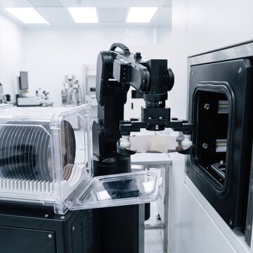 Automated robotic arm transferring silicon wafer into semiconductor processing equipment