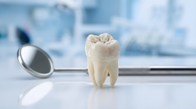 A recently extracted human molar tooth and a shiny metal dental probe are positioned on a reflective surface within a dental office
