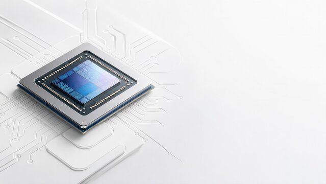 Blue semiconductor processor on white circuit board with copy space