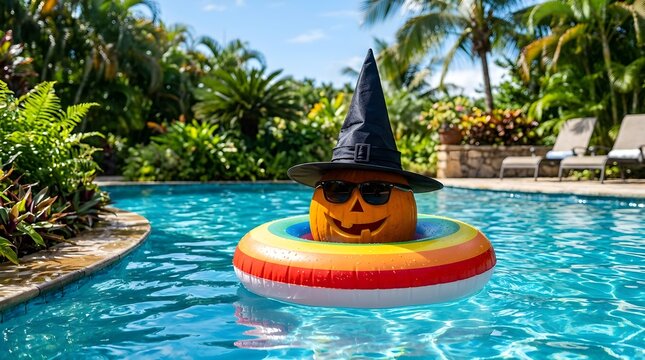 Halloween poolside fun with a jack o lantern inflatable floating in a bright blue swimming pool surrounded by lush greenery