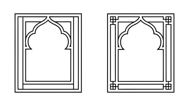 Oriental architectural window frames line art set
