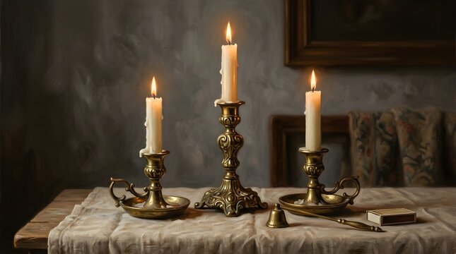 Three aged brass candlesticks holding glowing ivory candles brightly illuminate a warmly styled rustic table arrangement in a softly lit interior space