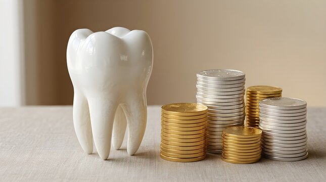 The concept of maintaining good dental health and achieving financial security is shown with a tooth and golden coins representing investment growth