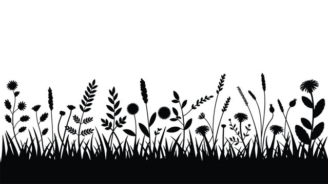 Grass silhouette with wildflowers and herbs border